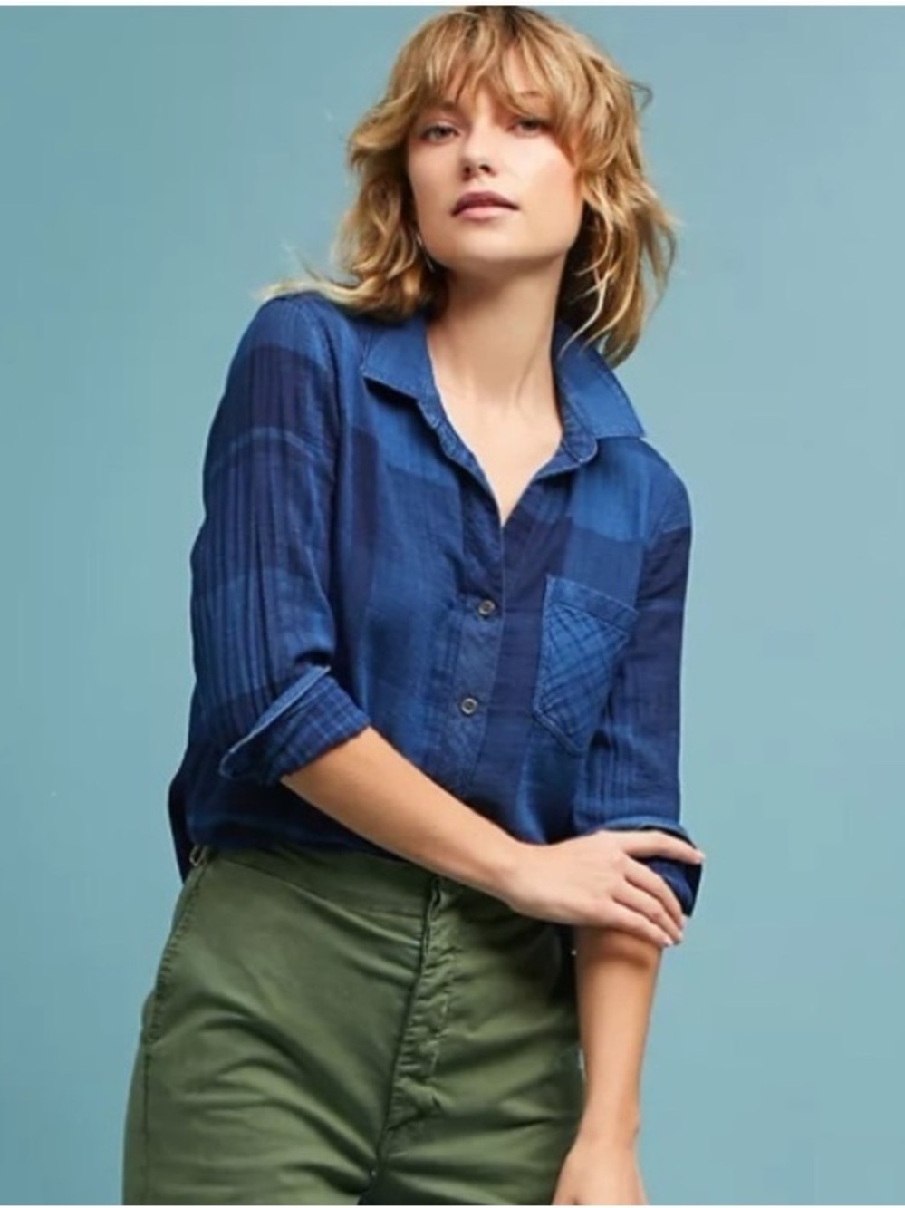Anthropologie Cloth & Stone Blue Plaid Chambray Long Sleeve Pocket Shirt Size S